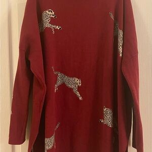 Red Sweater with Leopard Print, mock neck, side slits, long-sleeved